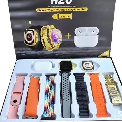 H20 Smart Watch + Free Wireless Earphone Set | 10 in 1 Set (PREMIUM QUALITY) With 1 Year Warranty